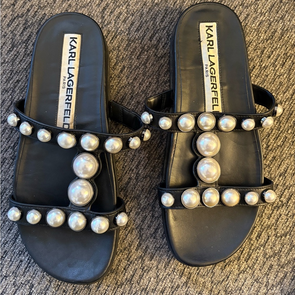 Karl Lagerfeld Black Pearl-Embellished Slide Sandals